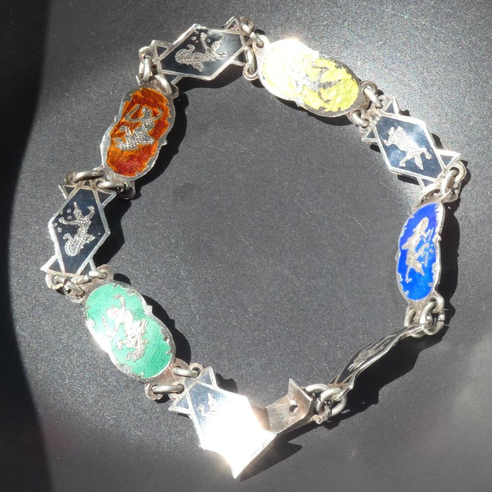 Vintage C1950s Siam Sterling Bracelet with Lightening Dancer Enamel Links